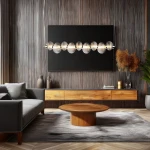 Lampa wisząca LED Bolla 32W 3000K w chromowanej obudowie z dymionymi kloszami, zawieszona nad niskim okrągłym stolikiem w nowoczesnym wnętrzu. Tło z naturalnym drewnem i dekoracjami, stonowane kolory.