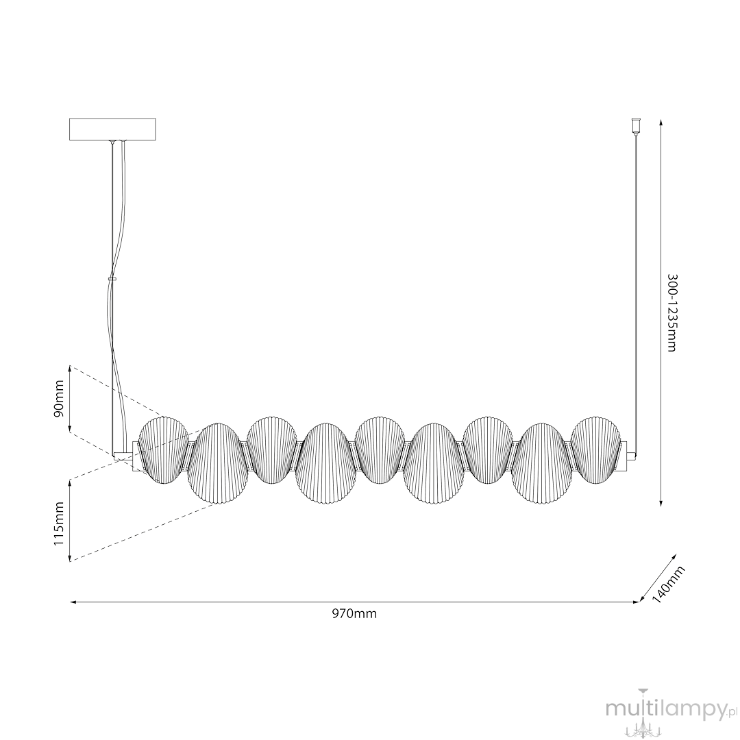 Lampa wisząca LED Bolla 32W 3000K w kolorze chromu z dymionymi kloszami. Ułożona poziomo, z długością 970 mm, wysokością 140 mm i regulowaną wysokością od 300 do 1235 mm. Klasyczny design z fakturowymi kloszami.