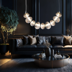 Lampa wisząca LED Bolla 36W 3000K w chromowanej oprawie z dymionymi kloszami, zawieszona nad czarną sofą. W tle ciemne ściany i eleganckie poduszki, z rośliną w donicy po lewej stronie.