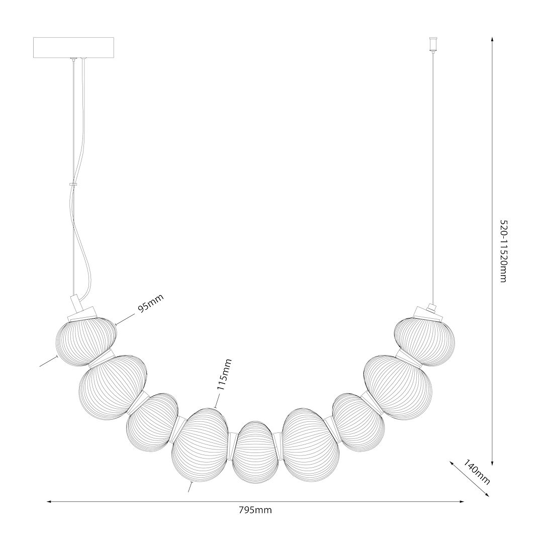 Lampa wisząca LED Bolla 36W 3000K w chromowanej obudowie z dymionymi szklanymi kloszami w kształcie owalnych kul. Wymiary: długość 795 mm, wysokość regulowana od 520 do 1150 mm. Stworzona do nowoczesnych wnętrz.