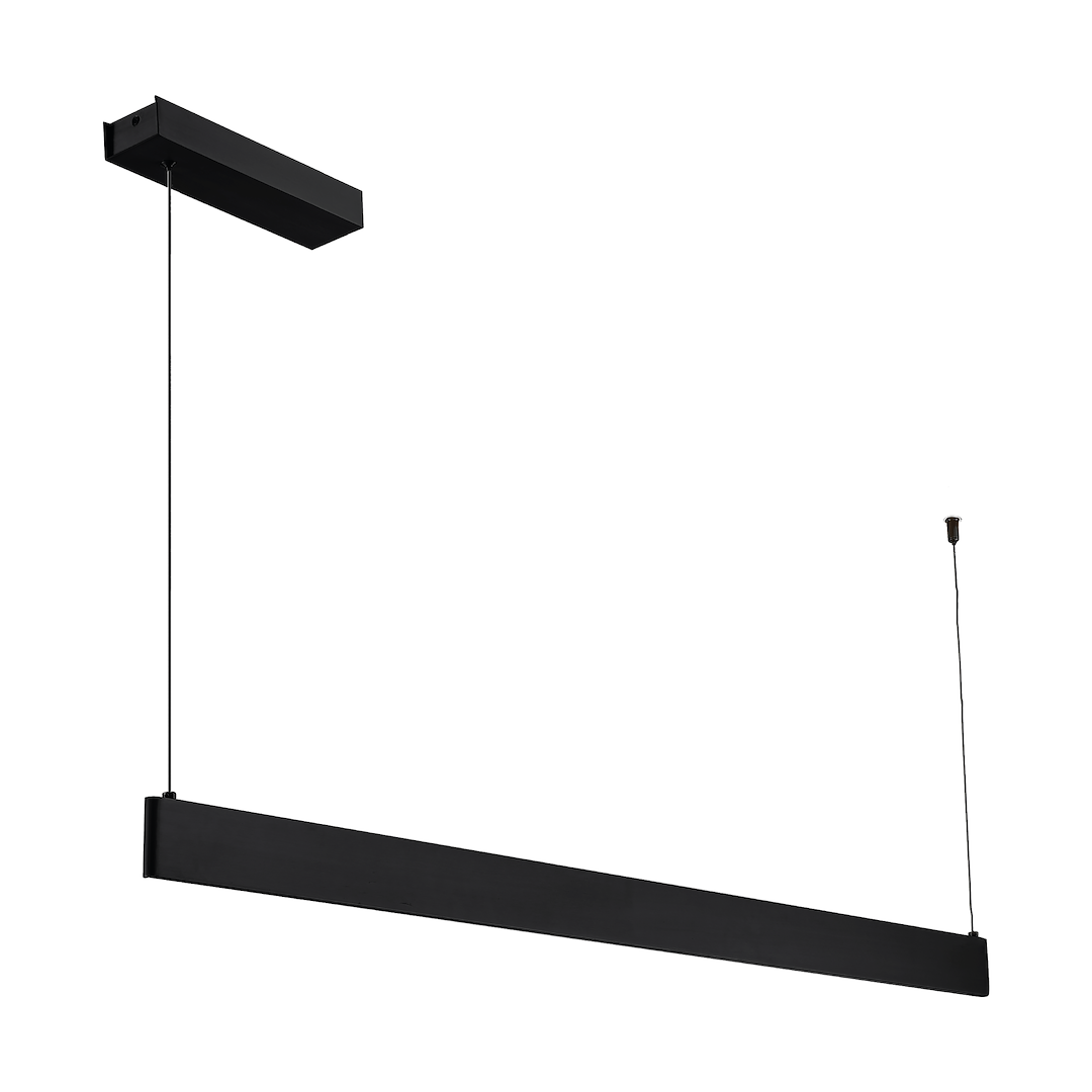 Lampa wisząca LED 36W CCT w kolorze czarnym, o prostokątnym kształcie. Zawieszona na cienkim przewodzie, z płaskim stelażem sufitowym. Prosta konstrukcja, idealna do nowoczesnych wnętrz.