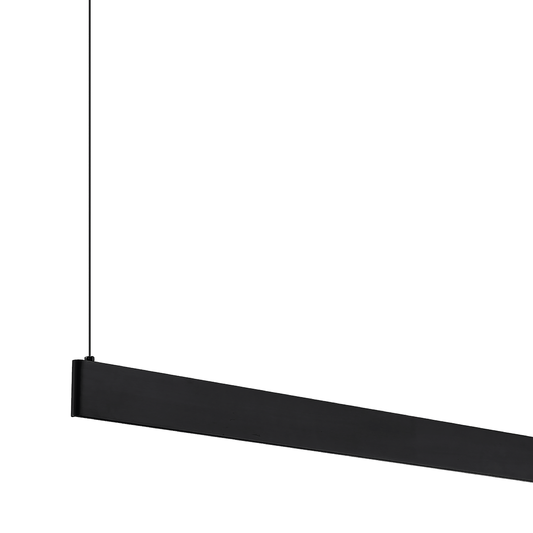 Lampa wisząca LED 36W CCT w kolorze czarnym, o prostokątnym kształcie, zawieszona na cienkich linkach. Dobrze widoczna struktura matowa, minimalistyczny design, idealna do nowoczesnych wnętrz.