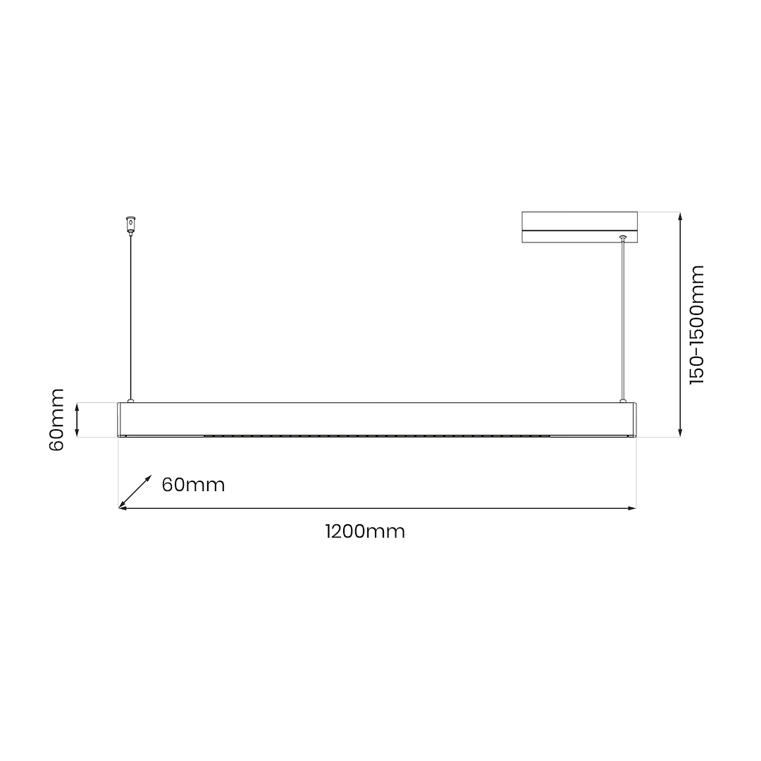 Lampa wisząca LED 36W CCT w kolorze czarnym, o długości 1200 mm, szerokości 60 mm i wysokości 60 mm. Posiada regulowaną długość zawieszenia w zakresie 150-1500 mm. Prosty, nowoczesny design.