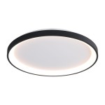Plafon Raden 1xLED 50W CCT w kolorze czarnym, okrągły, z białą, matową osłoną. Lampa montowana sufitowo, z subtelnym podświetleniem. Prosty design, idealny do nowoczesnych wnętrz. Ujęcie z boku, ukazujące detal krawędzi.