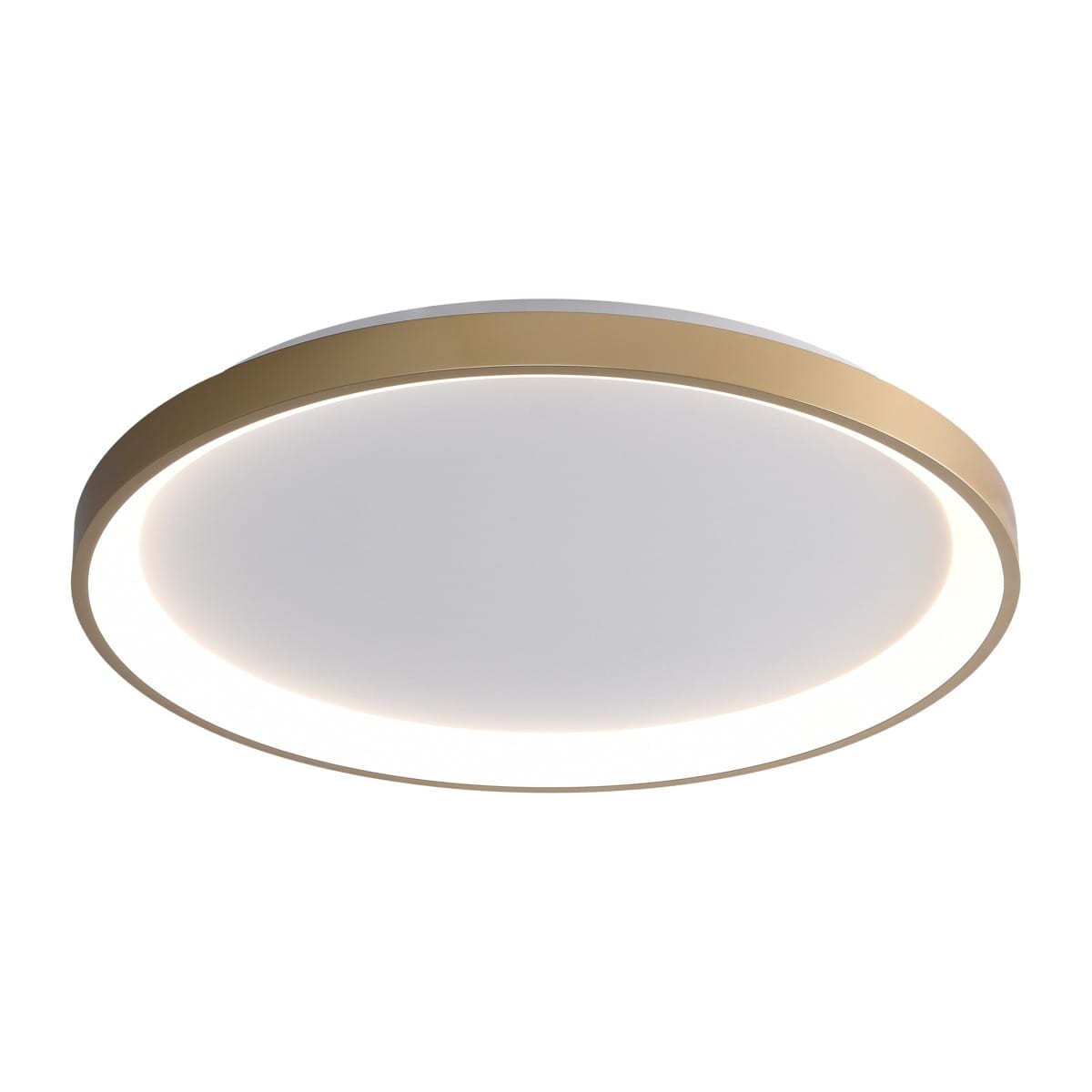 Raden plafon 1xLED 50W CCT w kolorze złotym, okrągły kształt z białym matowym kloszem. Montowany sufitowo, z delikatnym podświetleniem. Idealny do nowoczesnych wnętrz.