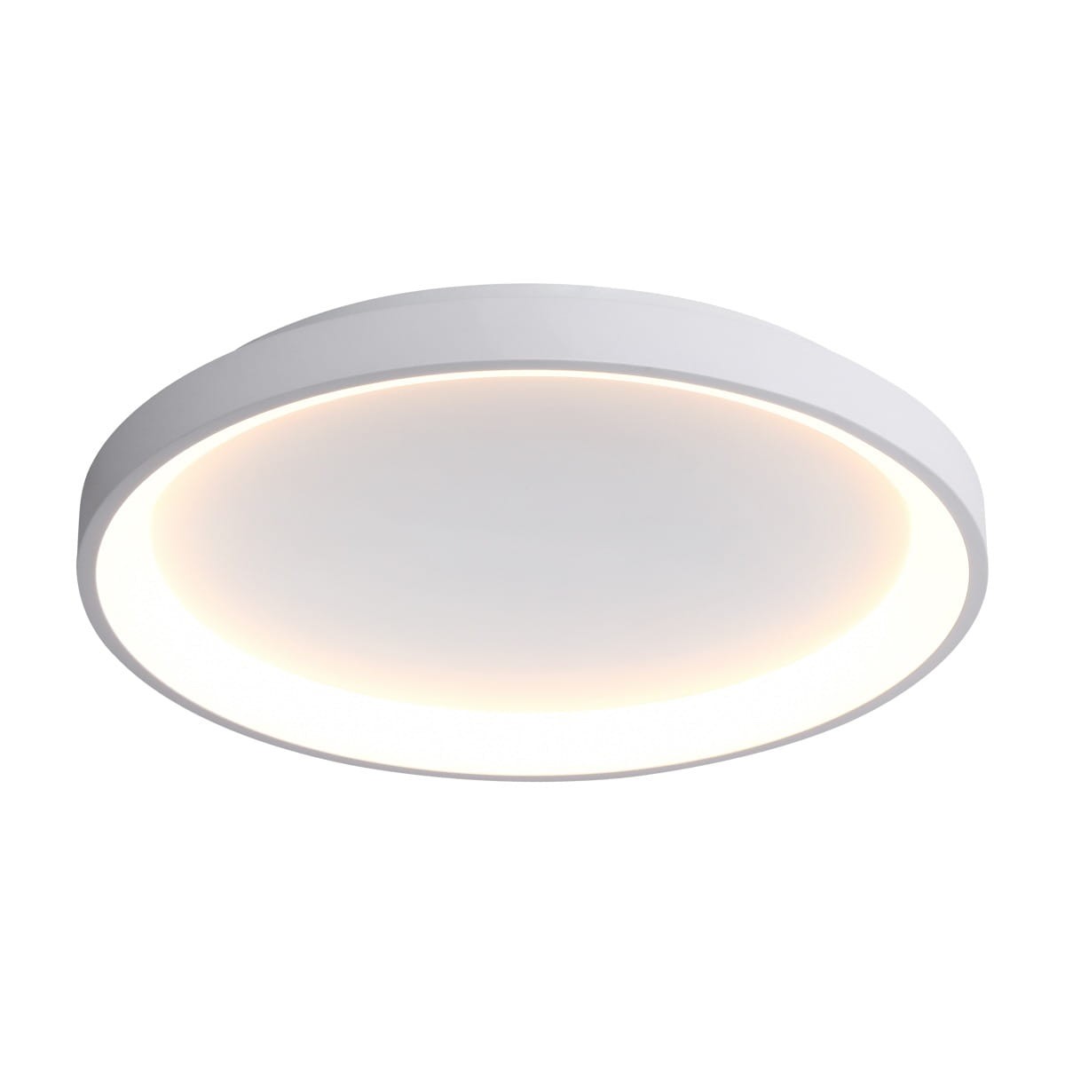 Raden plafon LED 50W CCT w kolorze białym, o okrągłym kształcie. Produkt montowany sufitowo, z subtelnym podświetleniem krawędzi. Gładka powierzchnia, minimalistyczny design, idealny do nowoczesnych wnętrz.