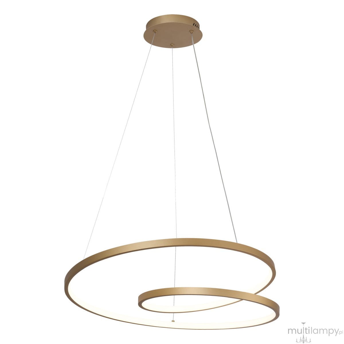 Lampa wisząca Reina w kolorze złotym, z dwoma okrągłymi pierścieniami, oświetlenie LED 40W CCT. Zawieszona na cienkich linkach, montowana sufitowo, minimalistyczny design, idealna do nowoczesnych wnętrz.