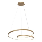 Lampa wisząca Reina w kolorze złotym, z dwoma okrągłymi pierścieniami, oświetlenie LED 40W CCT. Zawieszona na cienkich linkach, montowana sufitowo, minimalistyczny design, idealna do nowoczesnych wnętrz.