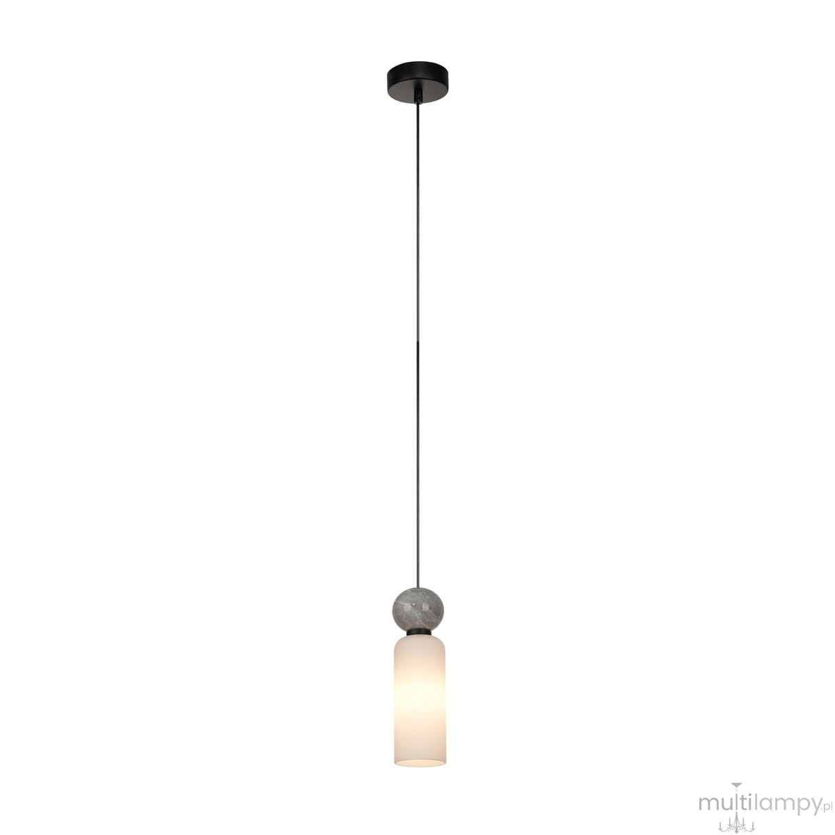 Lampa wisząca Santos 1xG9 w kolorze czarnym, z szarym, okrągłym detalem oraz białym kloszem w kształcie cylindrycznym. Zawieszona na cienkim kablu, idealna do nowoczesnych wnętrz.