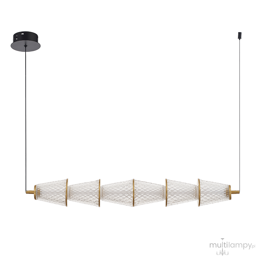 Lampa wisząca LED Sansa 11W 4000K w kolorze czarnym i mosiężnym, z pięcioma diamentowymi kloszami. Ujęcie z boku, zawieszona na cienkim kablu. Klosze mają kształt stożków, z widoczną teksturą. Minimalistyczny design, idealna do nowoczesnych wnętrz.