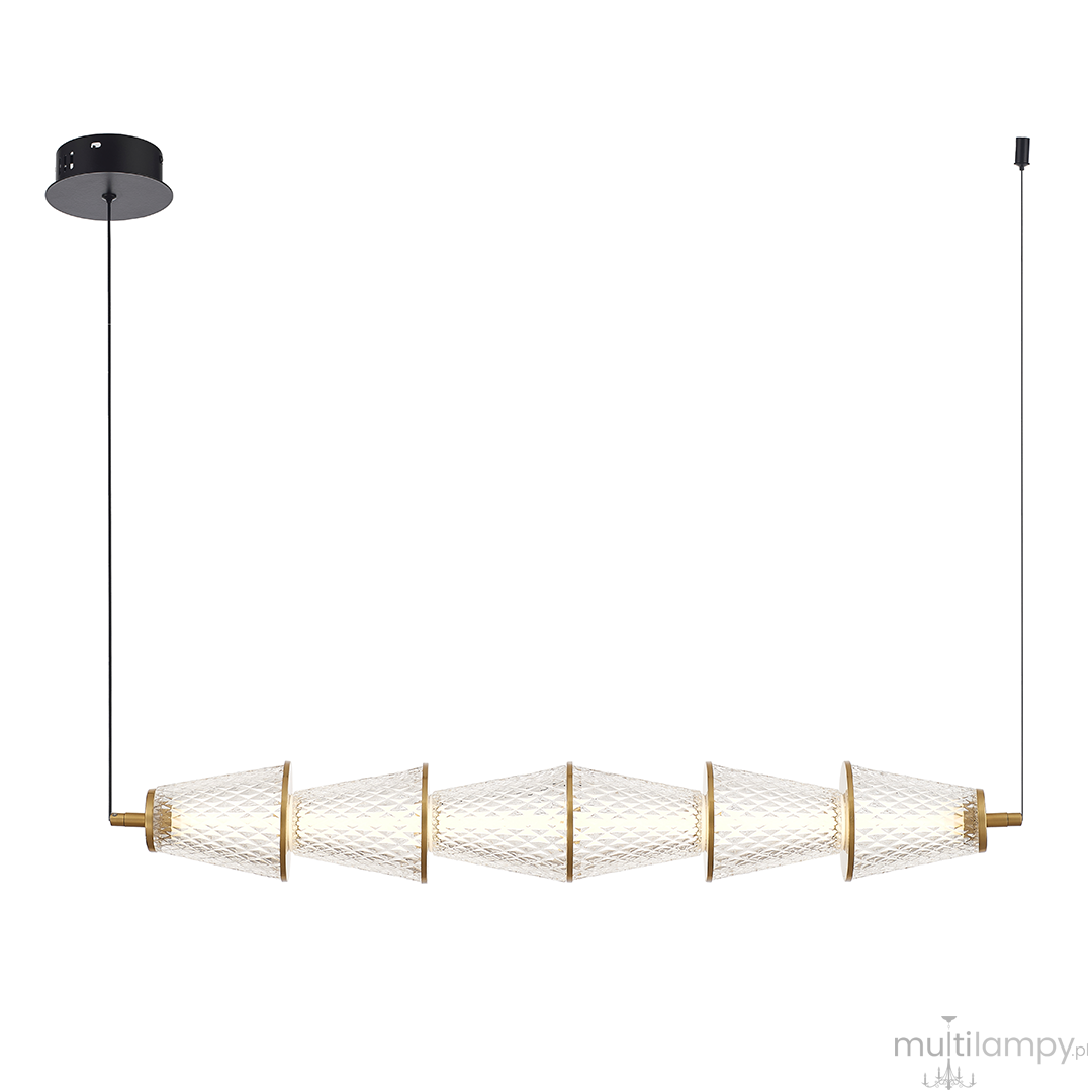 Lampa wisząca LED Sansa 11W 4000K w kolorze czarnym i mosiężnym, z pięcioma diamentowymi kloszami w kształcie stożków. Zawieszona na długim przewodzie, z okrągłym mocowaniem sufitowym. Idealna do nowoczesnych wnętrz.