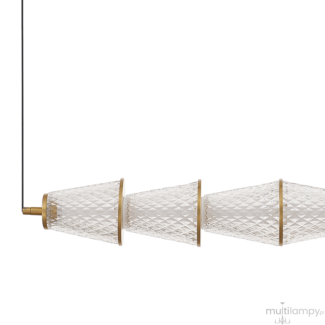Lampa wisząca LED Sansa 11W 4000K w kolorze czarnym i mosiądzu, z trzema diamentowo szlifowanymi kloszami, zawieszona na cienkim przewodzie. Klosze mają stożkowaty kształt, a połączenia z mosiądzu dodają elegancji.