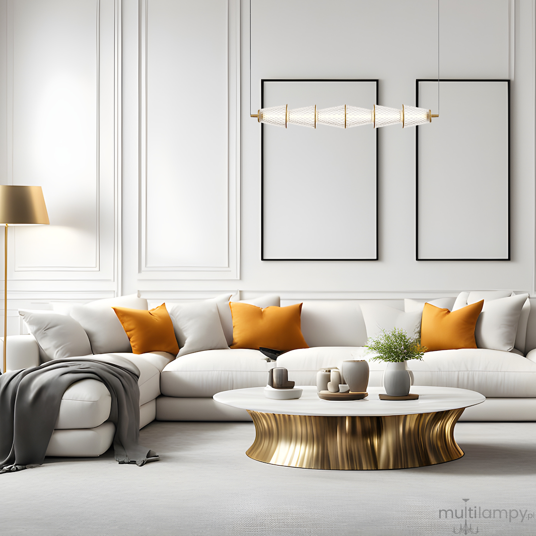 Lampa wisząca LED Sansa 11W 4000K w kolorze czarnym z mosiężnymi detalami, umieszczona nad białym stołem kawowym w nowoczesnym wnętrzu. Stworzona z geometrycznych elementów, zawieszona na cienkim kablu w jasnym salonie.