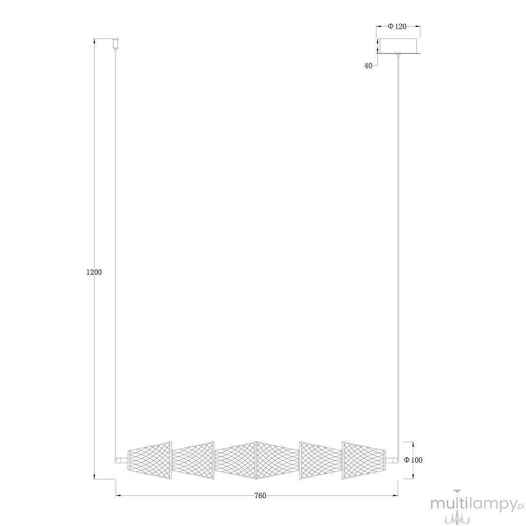 Lampa wisząca LED Sansa 11W 4000K w kolorze czarnym z mosiężnymi detalami. Okrągła podsufitka o średnicy 120 mm, zwis o długości 1200 mm, z pięcioma diamentowymi kloszami o średnicy 100 mm, umieszczonymi na poziomie 760 mm.