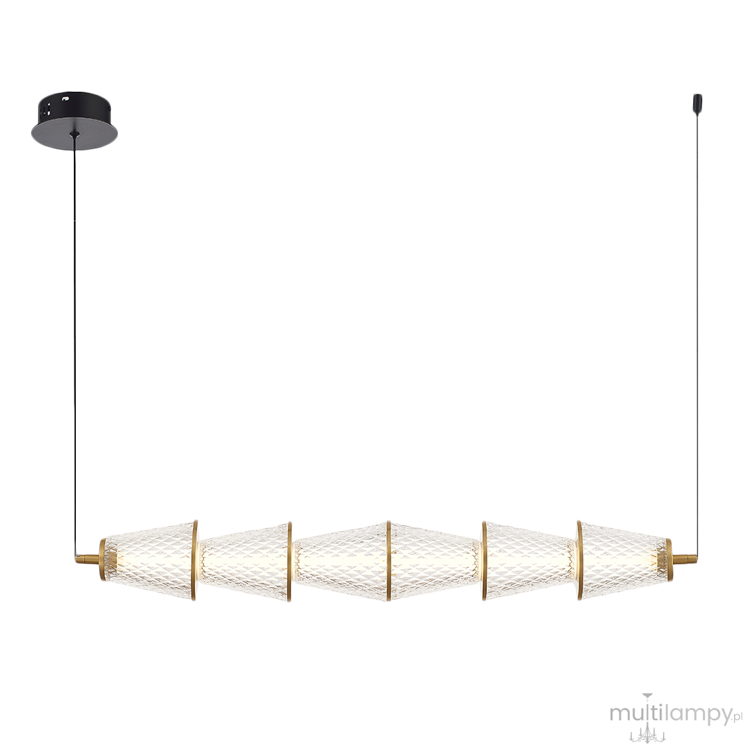 Lampa wisząca LED Sansa 11W 4000K w kolorze czarnym i mosiężnym, z pięcioma diamentowymi kloszami w kształcie stożków, zawieszona na cienkim przewodzie, z okrągłym mocowaniem sufitowym.