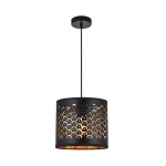 Lampa wisząca Morgan w kolorze czarnym z oprawą na jedną żarówkę E27. Okrągły klosz z perforowanym wzorem, który tworzy efektowne światło. Zawieszona na cienkim, czarnym przewodzie, montowana do sufitu.