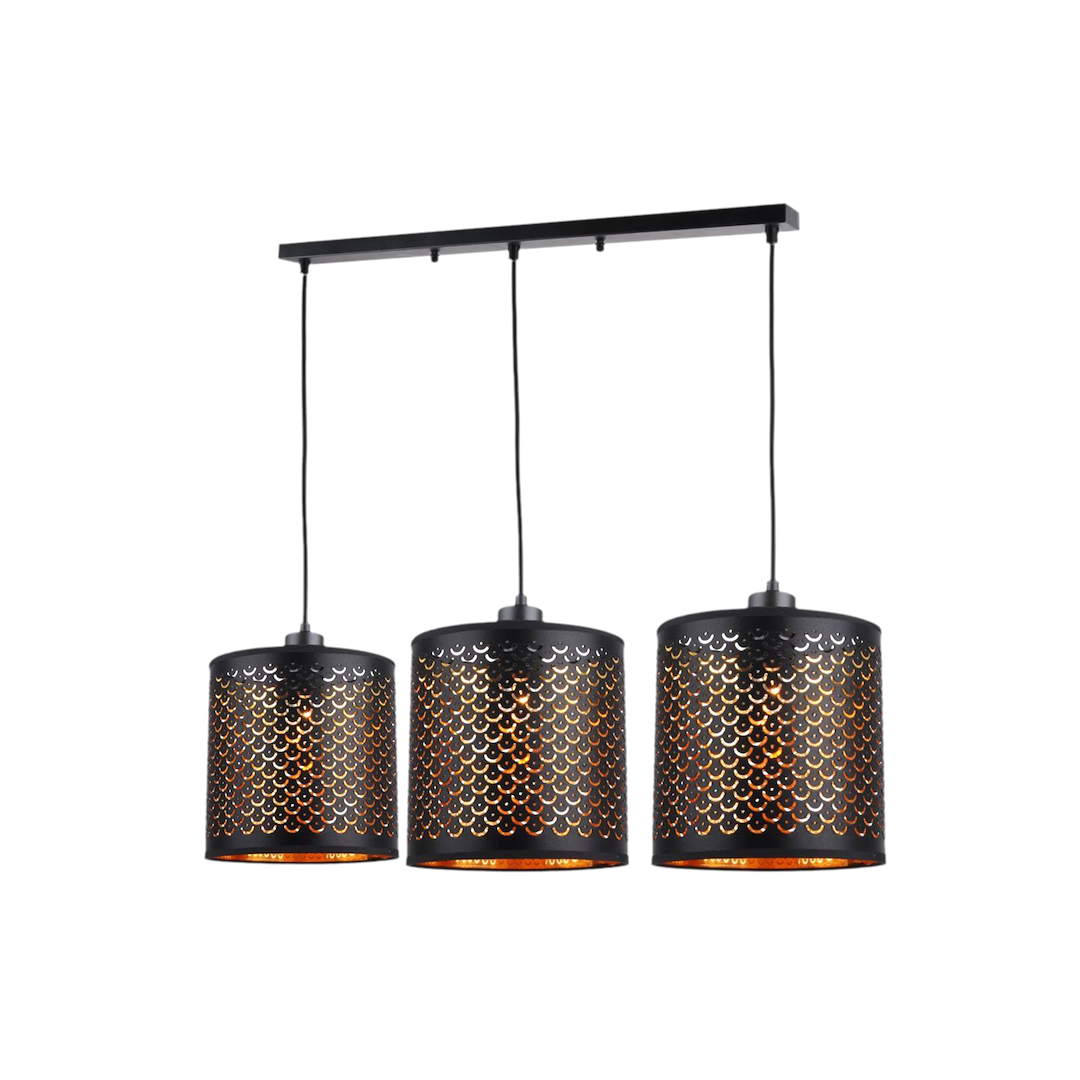 Lampa wisząca Morgan 3xE27 w kolorze czarnym, z trzema okrągłymi kloszami o ażurowym wzorze. Klosze zawieszone na cienkich przewodach, montowane na prostokątnej podstawie. Wnętrze kloszy w kolorze miedzi, co podkreśla elegancki wygląd.