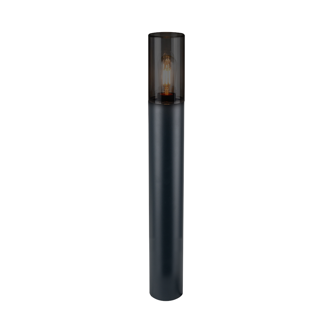 Lampa ogrodowa Harlem H50 w kolorze czarnym, z jedną oprawą E27. Ma cylindryczny kształt z przezroczystym kloszem, ukazującym żarówkę. Stoi pionowo na płaskiej powierzchni, idealna do oświetlenia przestrzeni zewnętrznych.
