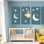 Lampa wisząca Astronauta 1xE27 w kolorze złotym i białym, zawieszona nad łóżeczkiem w dziecięcym pokoju. W tle niebieskie ściany z obrazkami przedstawiającymi księżyc i gwiazdki. Lampa ma zaokrąglony klosz i dekorację w kształcie astronauty.