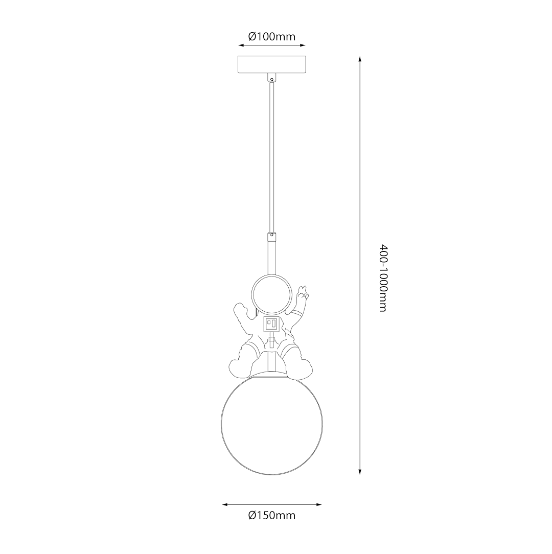 Lampa wisząca Astronauta z białym kloszem o średnicy 150 mm, złotym detalem i figurką astronauty. Wysokość regulowana od 400 do 1000 mm. Design nowoczesny, idealny do dziecięcego pokoju lub jako oryginalny element dekoracyjny.