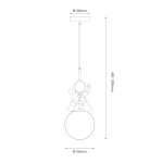 Lampa wisząca Astronauta z białym kloszem o średnicy 150 mm, złotym detalem i figurką astronauty. Wysokość regulowana od 400 do 1000 mm. Design nowoczesny, idealny do dziecięcego pokoju lub jako oryginalny element dekoracyjny.
