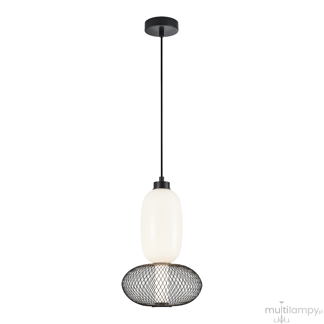Lampa wisząca LED 15W 3000K w kolorze czarnym, z metalowym kloszem w formie siatki i białym, okrągłym abażurem. Zawieszona na cienkim, czarnym przewodzie, z okrągłym mocowaniem sufitowym.