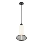 Lampa wisząca LED 15W 3000K w kolorze czarnym, z metalowym kloszem w formie siatki i białym, okrągłym abażurem. Zawieszona na cienkim, czarnym przewodzie, z okrągłym mocowaniem sufitowym.