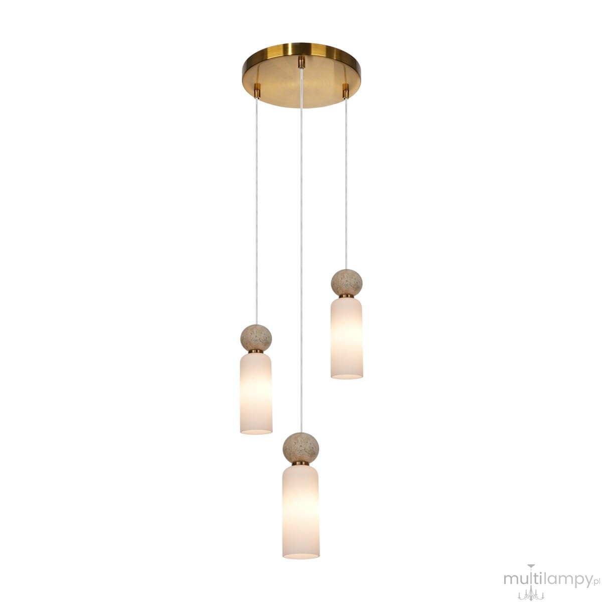 Lampa wisząca Santos 3xG9 w kolorze mosiądzu i białym. Składa się z trzech cylindrycznych kloszy z mlecznego szkła, zawieszonych na cienkich, białych linkach. U góry złota podsufitka z okrągłym kształtem.