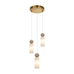 Lampa wisząca Santos 3xG9 w kolorze mosiądzu i białym. Składa się z trzech cylindrycznych kloszy z mlecznego szkła, zawieszonych na cienkich, białych linkach. U góry złota podsufitka z okrągłym kształtem.