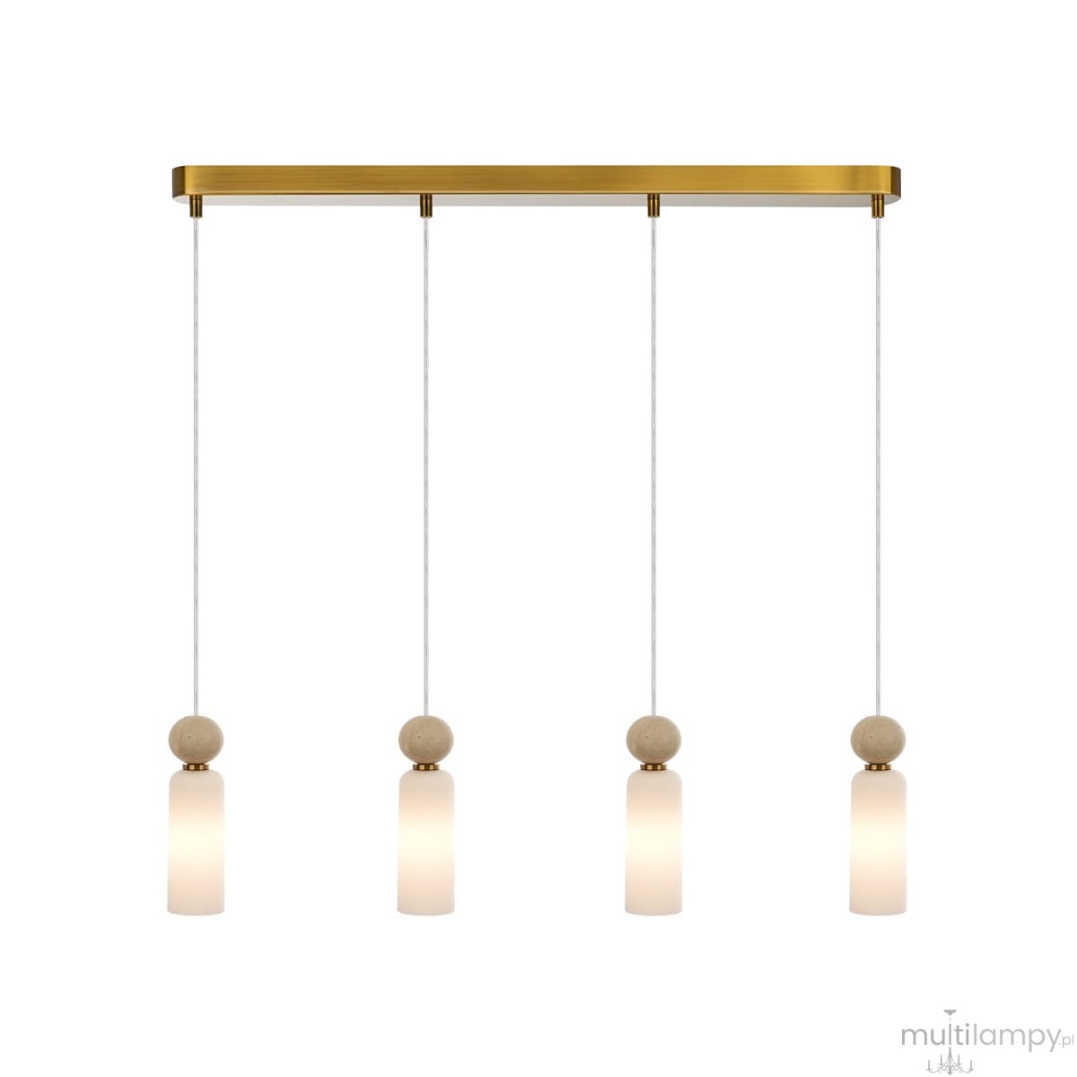 Lampa wisząca Santos 4xG9 w kolorze mosiądzu i białym. Posiada cztery szklane klosze w kształcie prostokątnym, zawieszone na białych sznurach, z drewnianymi kulkami u góry. Kąt ujęcia frontalny, na białym tle.