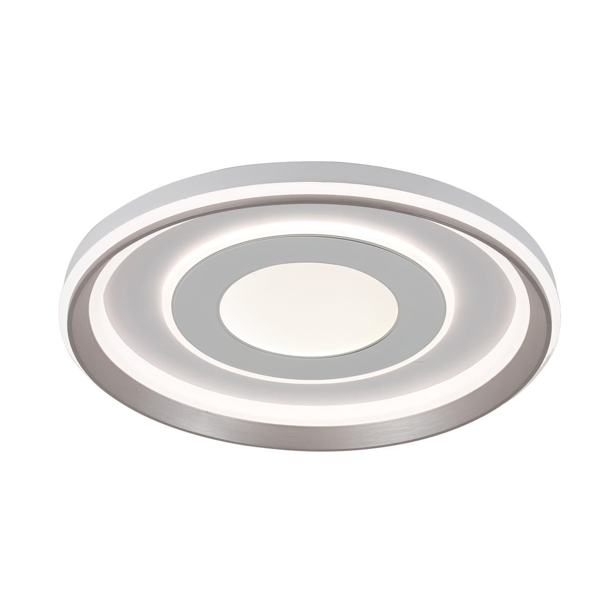 Plafon Simni 1xLED 55W CCT w kolorze białym, okrągły, z metaliczną obręczą. Zbliżenie na centralny panel świetlny i wokół niego LED-owe oświetlenie, montowany na suficie, z nowoczesnym, minimalistycznym designem.