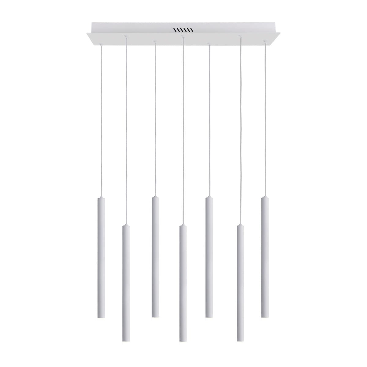 Lampa wisząca Valdes z siedmioma cylindrycznymi lampami LED o mocy 35W w kolorze białym. Elementy zawieszone na cienkich linkach, montowane do prostokątnej podstawy. Prosty design, idealna do nowoczesnych wnętrz.