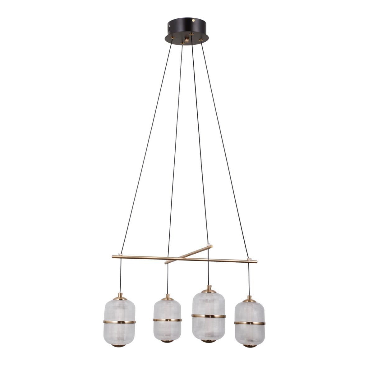 Lampa wisząca Alani 4xLED 24W w kolorze czarnym i złotym, składająca się z czterech szklanych kloszy w kształcie walca z metalowymi zdobieniami. Ujęcie frontalne, zawieszona na cienkich linkach, z prostą konstrukcją.