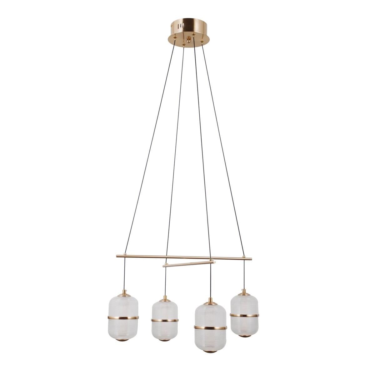 Lampa wisząca Alani 4xLED 24W w kolorze złotym, z czterema białymi kloszami w kształcie elipsy. Zawieszona na cienkich czarnych linkach, z prostym złotym uchwytem. Nowoczesny design, idealna do przestrzeni mieszkalnych.