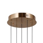 Lampa wisząca Alani z pięcioma źródłami LED, 28W, w złotym kolorze. Montaż sufitowy, z okrągłą metalową podstawą oraz czarnymi przewodami. Widoczne detale: złote mocowania i otwory wentylacyjne.