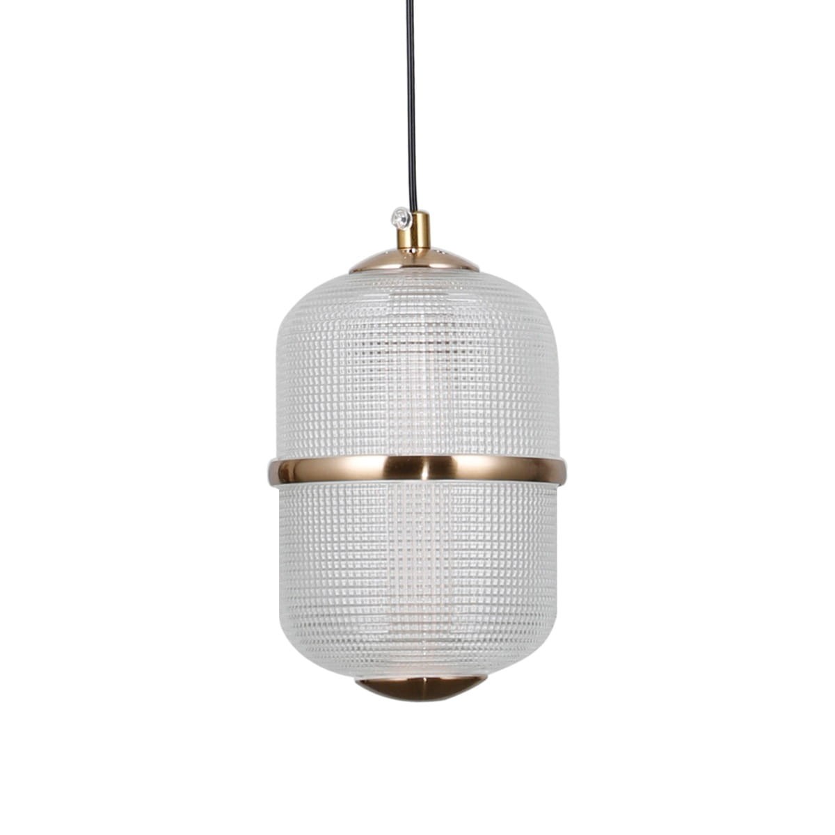 Lampa wisząca Alani 5xLED 28W w kolorze złotym z przezroczystym kloszem o cylindrycznym kształcie. Widoczna metalowa obręcz w dolnej części. Zawieszona na cienkim, czarnym przewodzie, idealna do nowoczesnych wnętrz.