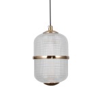Lampa wisząca Alani 5xLED 28W w kolorze złotym z przezroczystym kloszem o cylindrycznym kształcie. Widoczna metalowa obręcz w dolnej części. Zawieszona na cienkim, czarnym przewodzie, idealna do nowoczesnych wnętrz.
