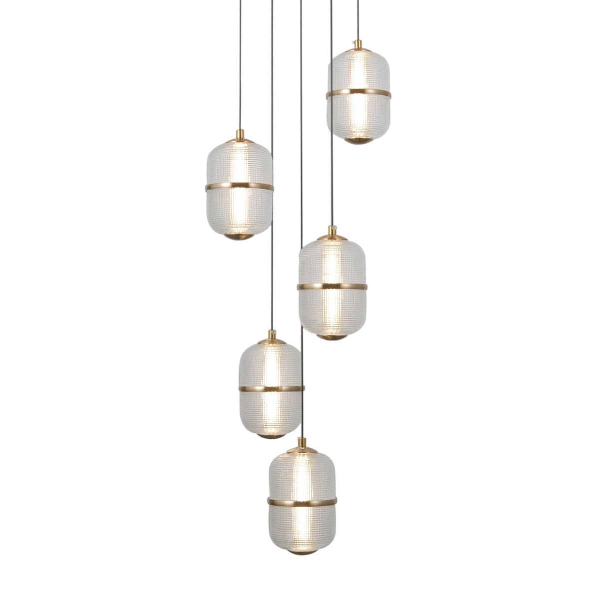 Lampa wisząca Alani z pięcioma źródłami LED (28W) w czarno-złotej kolorystyce. Szklane klosze w kształcie cylindrów, zawieszone na cienkich linkach. Oświetlenie w nowoczesnym stylu, idealne do aranżacji wnętrz.