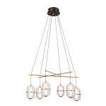 Lampa wisząca Alani z sześcioma źródłami LED, 32W, w kolorze czarnym z złotymi detalami. Okrągłe, szklane klosze z delikatnym wzorem, zawieszone na cienkich linkach, w nowoczesnym układzie. Dobrze widoczna konstrukcja na białym tle.