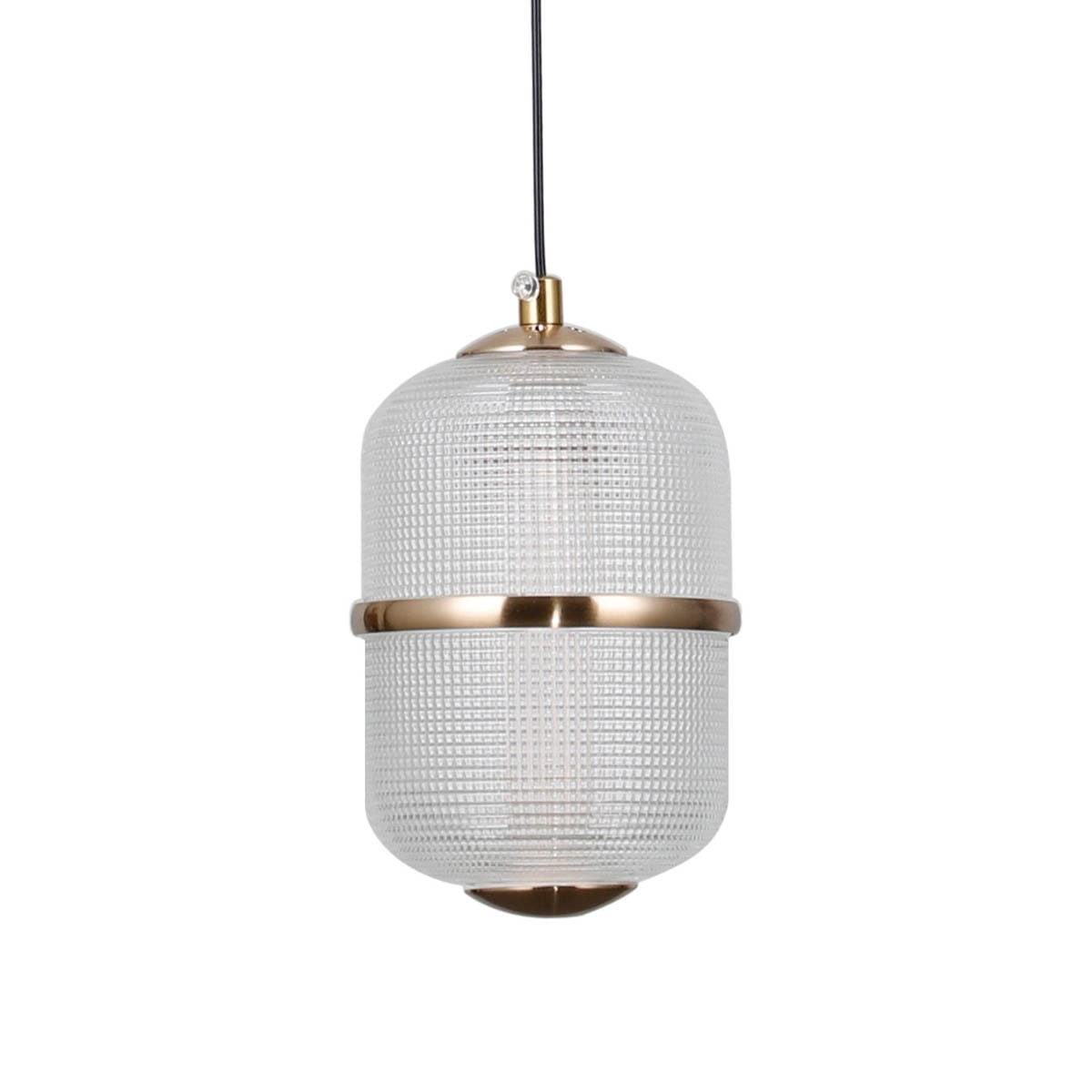 Lampa wisząca Alani, złota, z przezroczystym kloszem. Owalny kształt z teksturowanym wzorem, zawieszona na czarnym kablu. Wbudowane 6xLED, moc 32W. Widoczny metalowy pierścień w dolnej części.