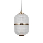 Lampa wisząca Alani, złota, z przezroczystym kloszem. Owalny kształt z teksturowanym wzorem, zawieszona na czarnym kablu. Wbudowane 6xLED, moc 32W. Widoczny metalowy pierścień w dolnej części.