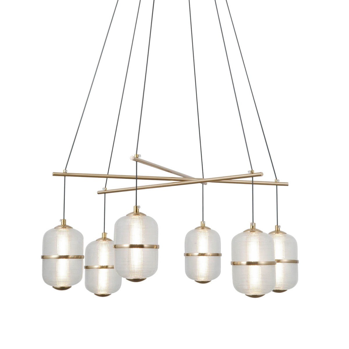 Lampa wisząca Alani z 6 źródłami LED, 32W, w złotym wykończeniu. Posiada sześć okrągłych kloszy z przezroczystego szkła, zawieszonych na cienkich linkach, w nowoczesnym, asymetrycznym układzie.