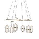 Lampa wisząca Alani z 6 źródłami LED, 32W, w złotym wykończeniu. Posiada sześć okrągłych kloszy z przezroczystego szkła, zawieszonych na cienkich linkach, w nowoczesnym, asymetrycznym układzie.