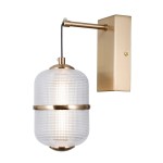 Kinkiet Alani 1xLED 6W w kolorze złotym, z przezroczystym kloszem o strukturze siatki, zamontowany na prostokątnej, metalowej podstawie. Klosz ma zaokrąglony kształt i złotą opaskę w centralnej części. Produkt wiszący, idealny do nowoczesnych wnętrz.