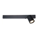 Kinkiet Magnet w kolorze czarnym, z metalowym ramieniem i okrągłą oprawą na żarówkę GU10. Zainstalowane oświetlenie LED 5W CCT, zamontowane poziomo, pod kątem, na prostokątnej podstawie.