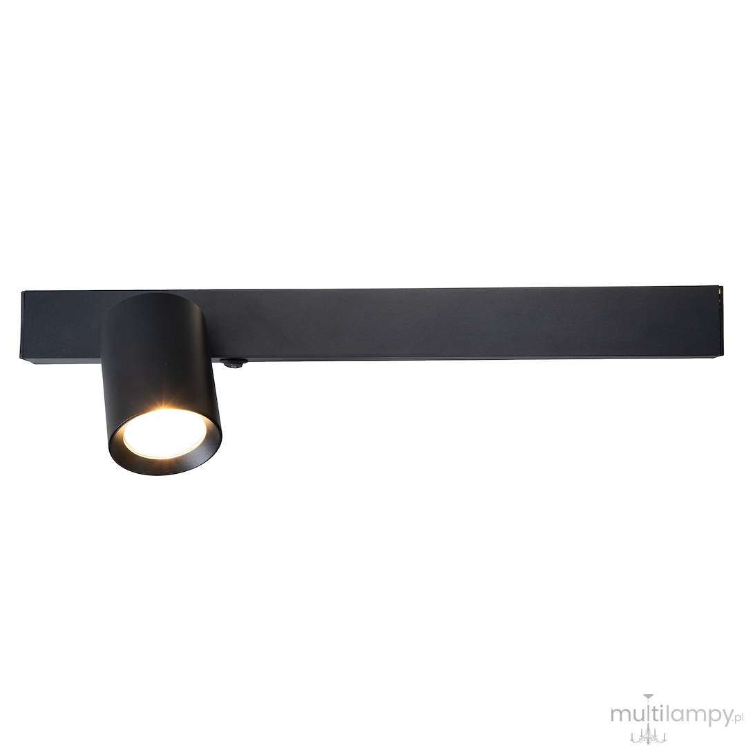 Kinkiet Magnet 1xGU10 w czarnym kolorze, z cylindrycznym kloszem. Lampa LED 5W CCT zamontowana na prostokątnej podstawie. Ujęcie frontalne, produkt wiszący, idealny do oświetlenia wnętrz. Proste tło ułatwia widoczność detali.