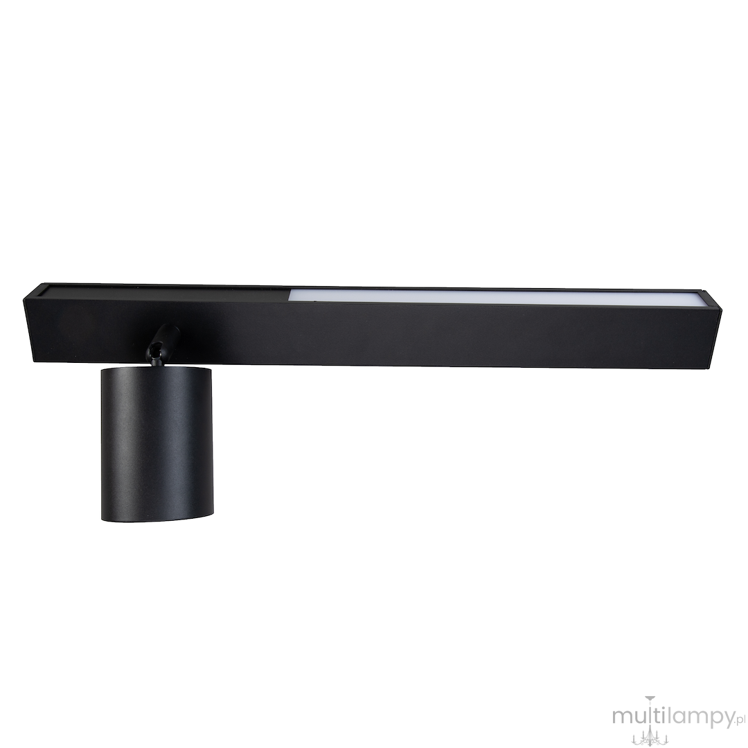 Kinkiet Magnet w kolorze czarnym, z jednym źródłem światła GU10 oraz zintegrowanym LED 5W CCT. Uchwyt w formie cylindrycznej, montowany na ścianie. Prosty, nowoczesny design, z prostokątnym kloszem i matowym wykończeniem.