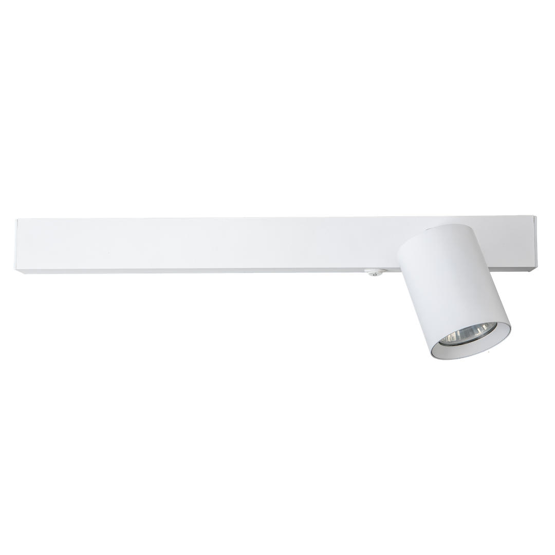 Biały kinkiet Magnet z jedną oprawą GU10. Prosta, prostokątna podstawa z metalowym, cylindrycznym kloszem, skierowanym w dół. Oświetlenie LED 5W CCT, minimalistyczny design, idealny do nowoczesnych wnętrz.