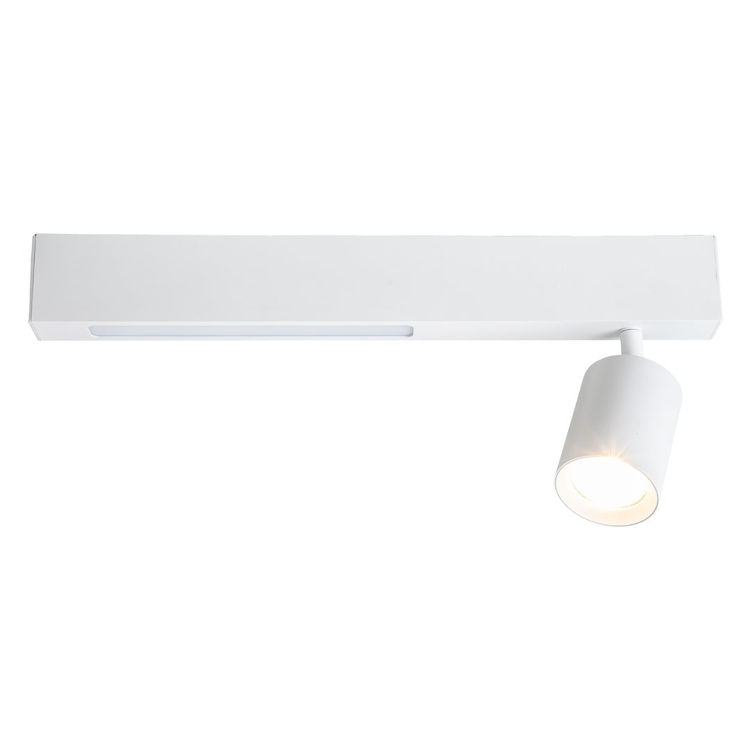 Lampa sufitowa w kolorze białym z jedną oprawą na żarówkę GU10 oraz zintegrowanym oświetleniem LED 5W. Ujęcie frontalne, lampa montowana na suficie, z cylindrycznym kloszem skierowanym w dół. Prosta, nowoczesna forma.