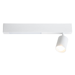 Lampa sufitowa w kolorze białym z jedną oprawą na żarówkę GU10 oraz zintegrowanym oświetleniem LED 5W. Ujęcie frontalne, lampa montowana na suficie, z cylindrycznym kloszem skierowanym w dół. Prosta, nowoczesna forma.